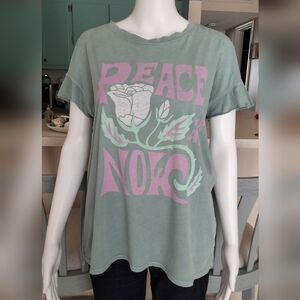 Junk Food Clothing T-Shirt "Peace Now" Sage Green/Lilac - Small - NWOT